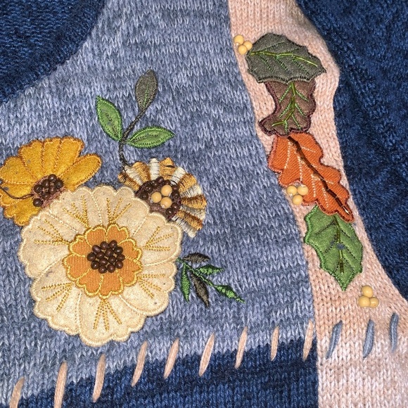 Vintage Fall Autumn Thanksgiving Blue Patchwork Embroidered Knit Zip Sweater 1X - Picture 5 of 16